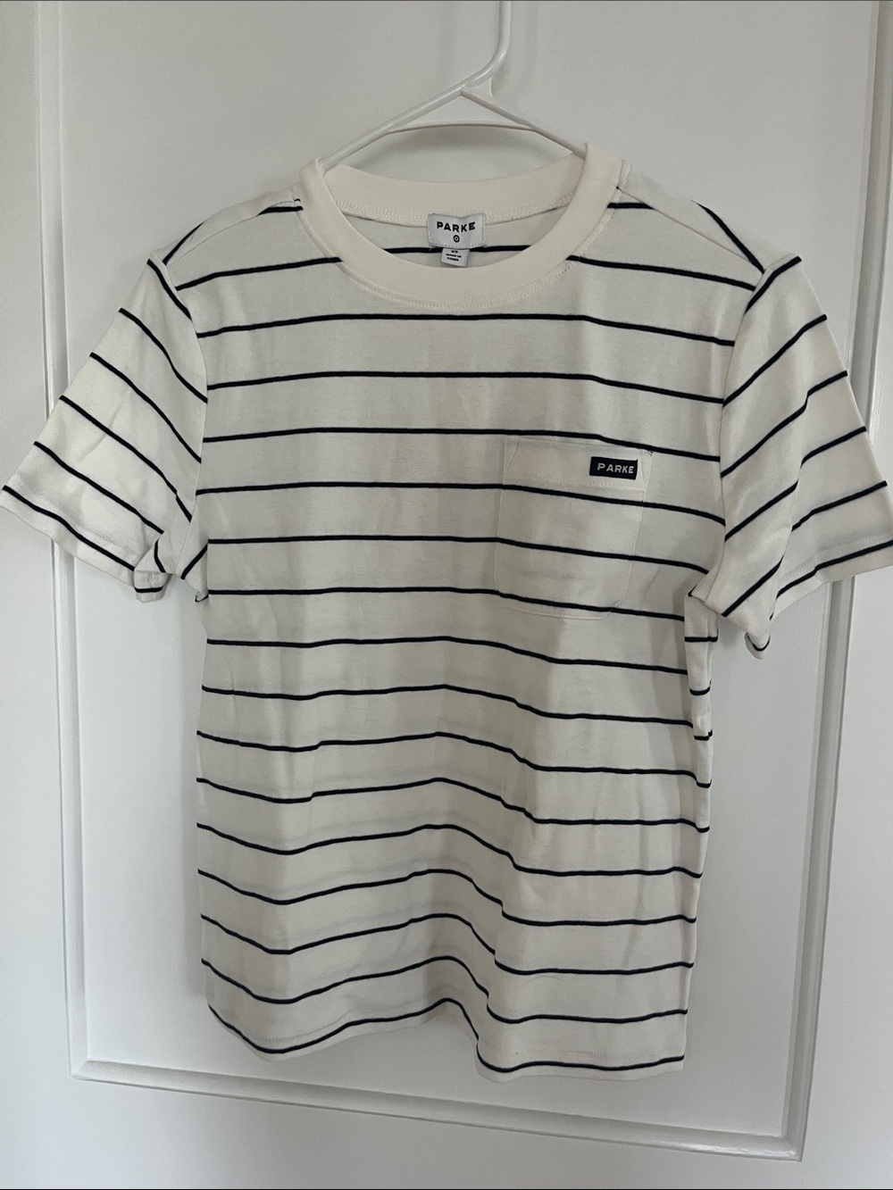 PARKE Cream & Blue Striped Short Sleeve Pocket Tee